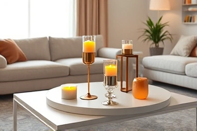 Elegant candle holders illuminating a cozy living room with warm light.