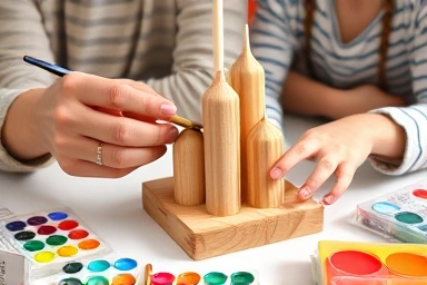 Family painting a DIY wooden candle holder, promoting creativity and bonding.