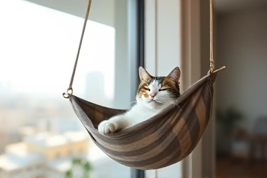 Cat enjoying a window hammock with a view