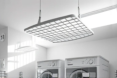 Modern laundry room with integrated ceiling drying rack.