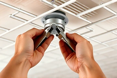 Hands installing a ceiling drying rack component with tools.