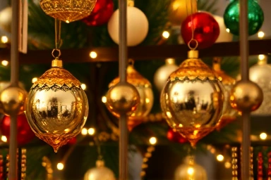 Elegant Christmas tree ornaments and fairy lights.