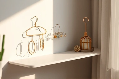 Handmade wire hanger interior accessories on a shelf