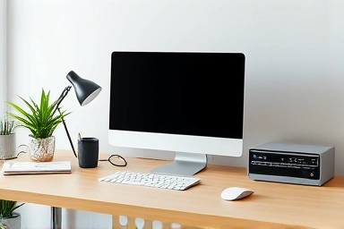 Neatly organized computer desk cables in a modern office.
