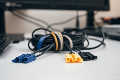 Cable management tools organizing computer wires behind a desk.