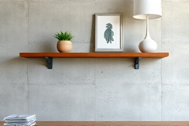 Solid wood shelf on textured concrete wall, modern interior