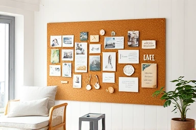 Personalized cork board gallery in a modern living room