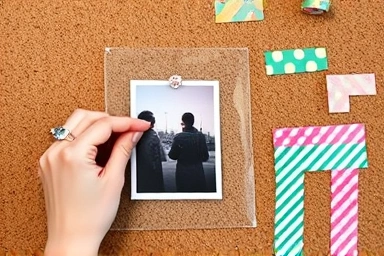 Hands decorating a cork board with photos and masking tape