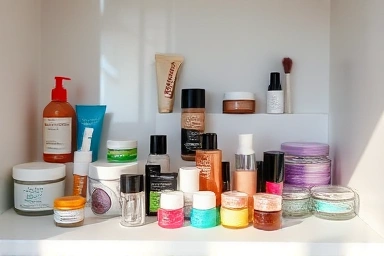 Organized cosmetic samples repurposed into a personal beauty kit.