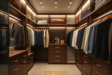 Luxurious custom walk-in closet with integrated LED lighting