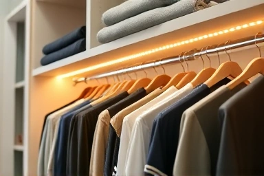 Detailed view of custom modular closet rack with LED lighting