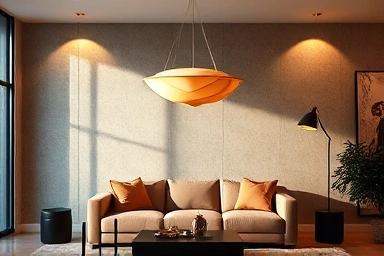 Luxurious living room with sculptural designer pendant lamp