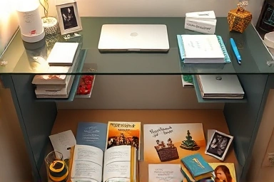 Desk with photos under glass top, inspiring workspace
