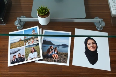 Close-up of desk glass showing layered personal photos