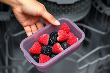 Hand placing food container into dishwasher for easy cleaning.