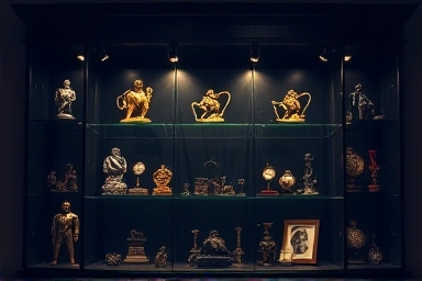 Illuminated display cabinet showcasing valuable collectibles like art and figurines.