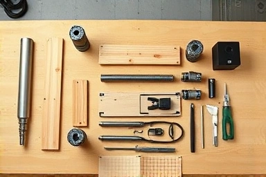DIY speaker stand materials and tools on workbench