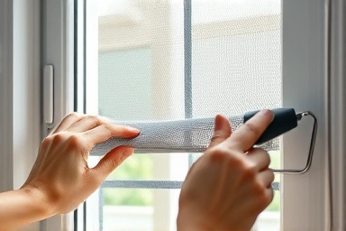 Hands installing new window screen mesh in frame