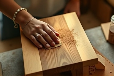 Hands sanding a custom wooden cutting board in a workshop.