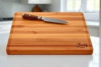 Finished custom wooden cutting board with initials on a kitchen counter.