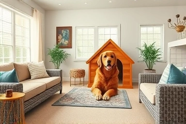 Cozy pet-friendly living room with happy dog in its stylish house