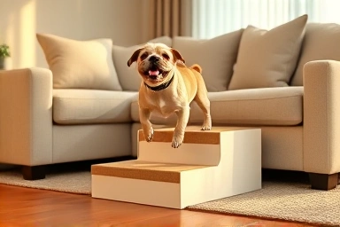 Happy dog using modern dog stairs for joint health.