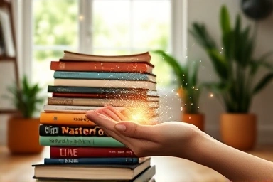 Books transforming into light, symbolizing donation and positive impact.