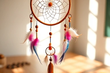 Handmade dreamcatcher art in a peaceful, sunlit room.