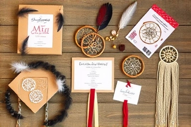 Assortment of DIY dreamcatcher craft kits and materials.
