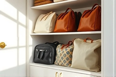 Organized closet with fabric dustbags and neatly stored bags.