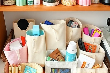 Repurposed fabric dustbags creatively organizing home items.