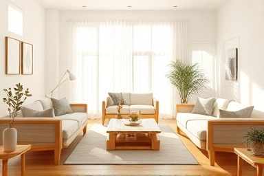 Bright, airy living room with natural wood furniture.