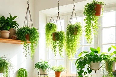 Lush green hanging plants in a sunlit, modern living room.