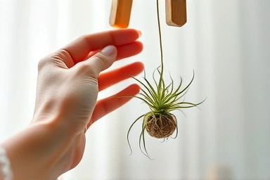 Hand misting a beautiful air plant, highlighting its delicate structure.