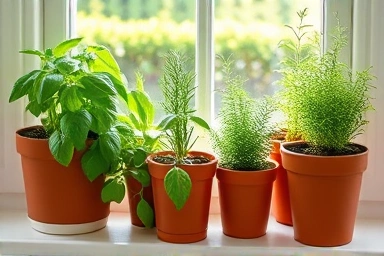 Healthy edible herbs growing in pots on a sunny windowsill