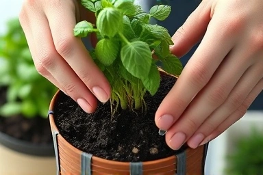 Hands checking soil moisture for optimal herb growth