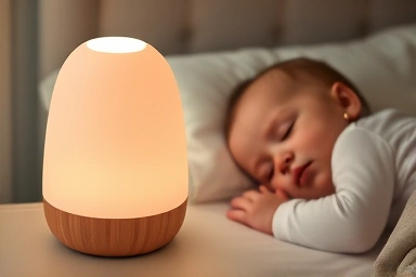 Soft warm light from a stylish nursing lamp on bedside table
