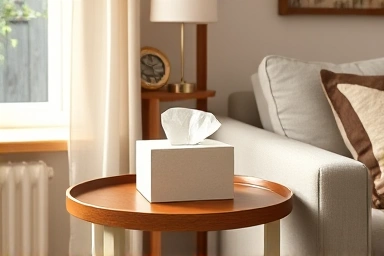 Minimalist ceramic tissue case in a cozy living room.