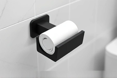 Sleek black bathroom tissue holder, modern and functional.