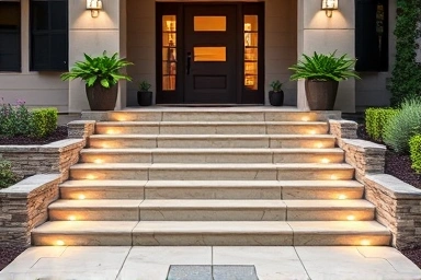 Elegant entryway with natural stone steps and warm lighting.