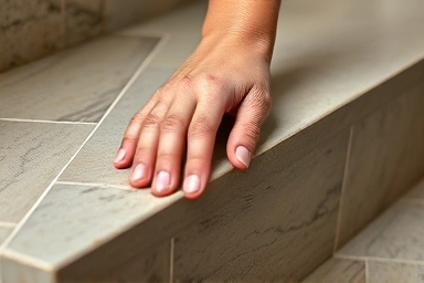 Close-up of hand touching textured premium stone step.