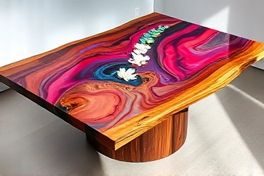 Elegant epoxy resin table with live edge wood base and floral inlay.