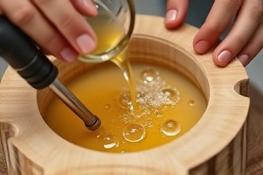 Hands performing DIY epoxy resin table casting, removing bubbles.