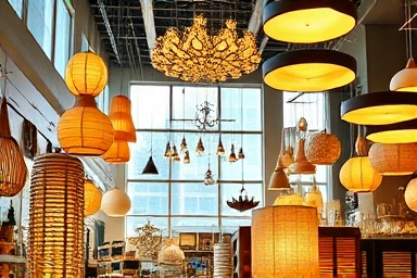 Euljiro lighting store interior with diverse lamp displays.