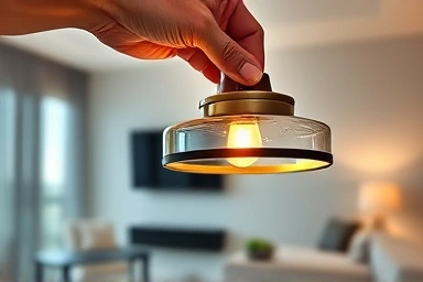 Close-up of a modern pendant light fixture in a cozy room.
