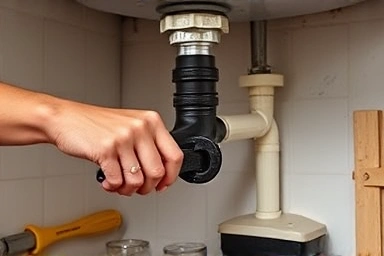 Hands using a wrench to install a faucet connection, emphasizing DIY skill.