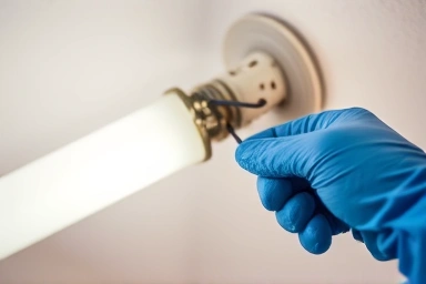 Hand replacing fluorescent light ballast with insulated gloves
