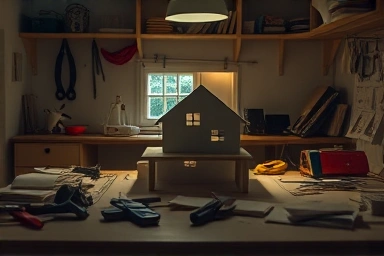 Foam board miniature house crafting process, detailed work.