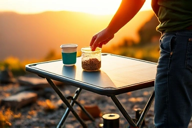 Setting up a portable folding table at a campsite