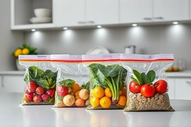 Neatly sealed food bags with clips on a kitchen counter.